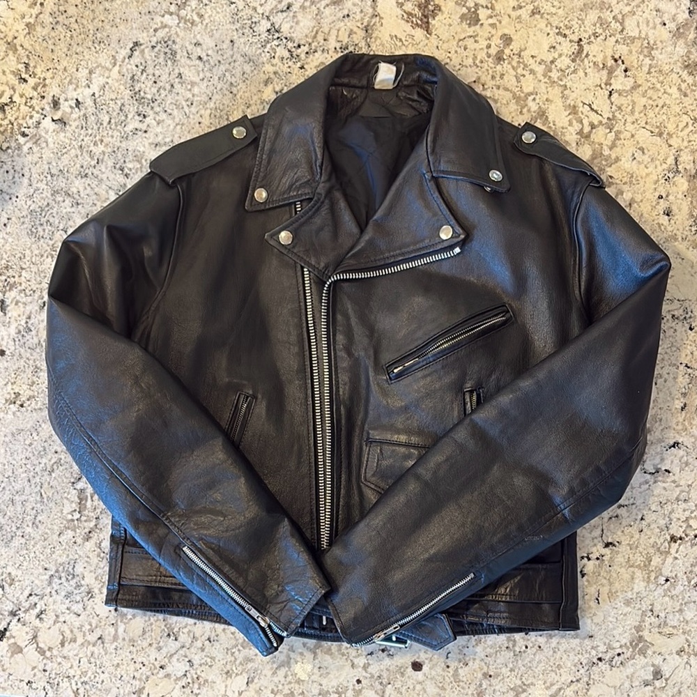 Classic Black Leather Motorcycle Jacket with Asymmetrical Zipper